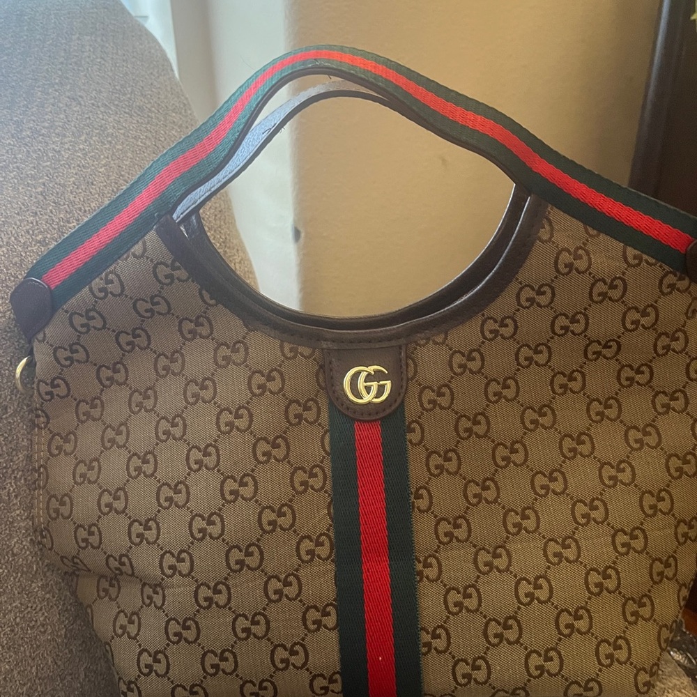 Small Beige Monogram Tote with Red and Green Stripes
15’width
10’hight